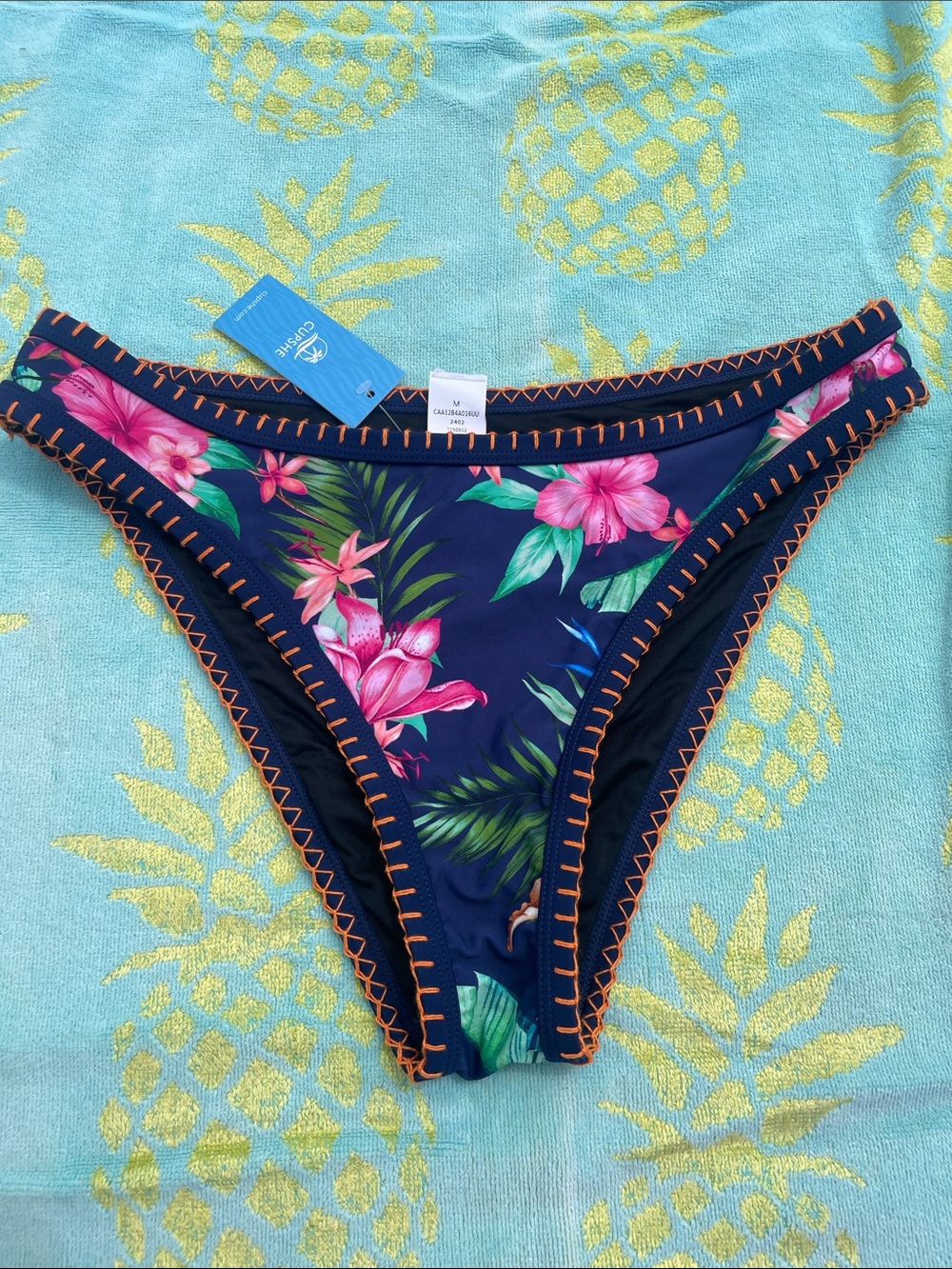 Cupshe Navy Tropical Floral Bikini Bottom Hibiscus Flowers Orange Stitching SZ M